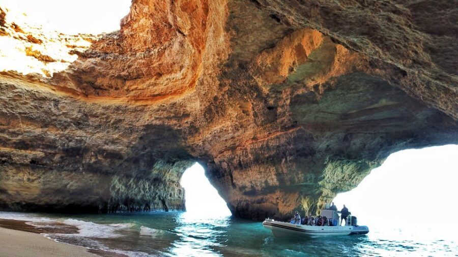Albufeira: Benagil Cave and Dolphin Sightseeing Boat Cruise - Senhora da Rocha beach: caves and gold sand from the water