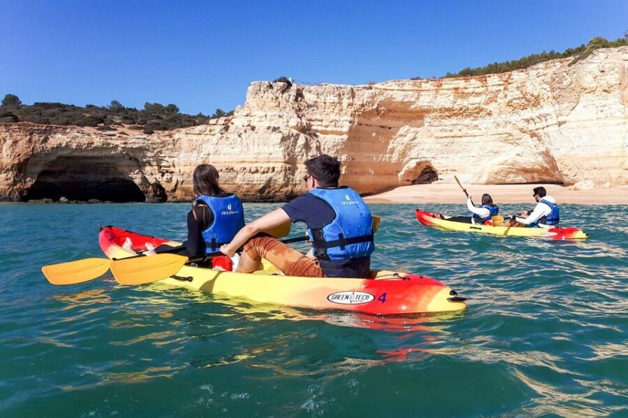 Benagil: Benagil Caves and Secret Spots Guided Kayaking Tour - Praia da Marinha on a kayak: a second wow, different vibe